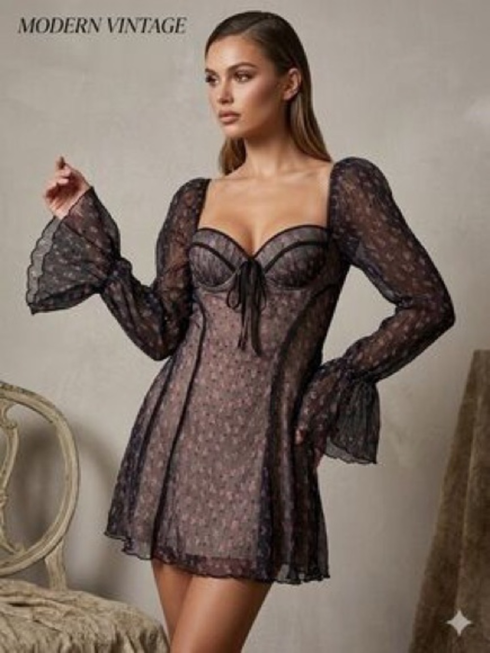 The Vintage Shop Black Pink Floral Long Sleeve Flare Sleeve Dress S